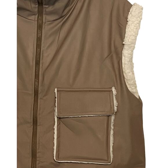 Boohoo Vest Womens Size 10 Tan Faux Leather Sherpa Lined Pockets Full Zip NWT - Picture 4 of 8